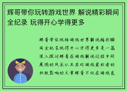 辉哥带你玩转游戏世界 解说精彩瞬间全纪录 玩得开心学得更多